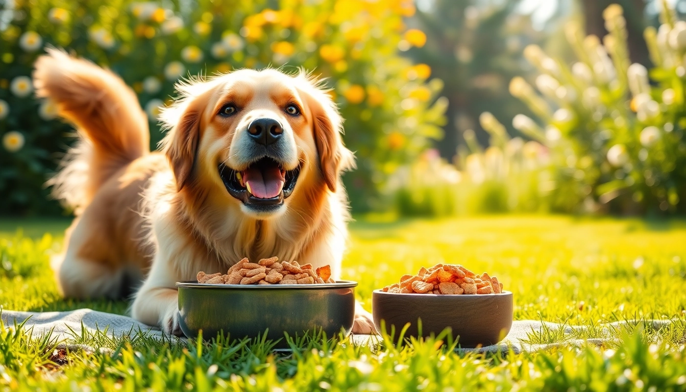 Golden retriever enjoying dr marty pet food canada in a sunlit garden setting.