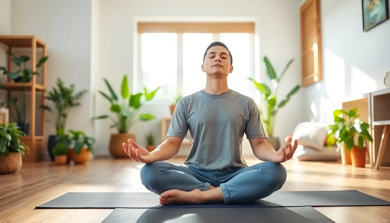 Practicing mindfulness meditation dealing with anxiety in a serene, sunlit environment.