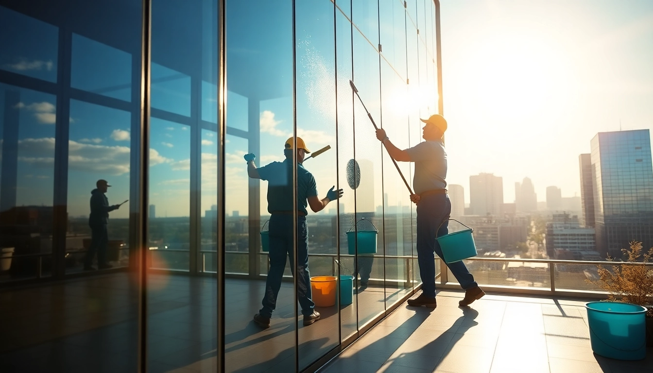 Window cleaners sioux falls thoroughly cleaning a large glass window in bright sunlight.