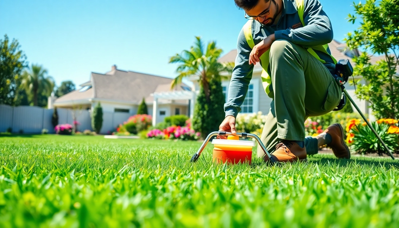 Turf maintenance near me showcased by a professional technician in a fresh, well-kept lawn setting.