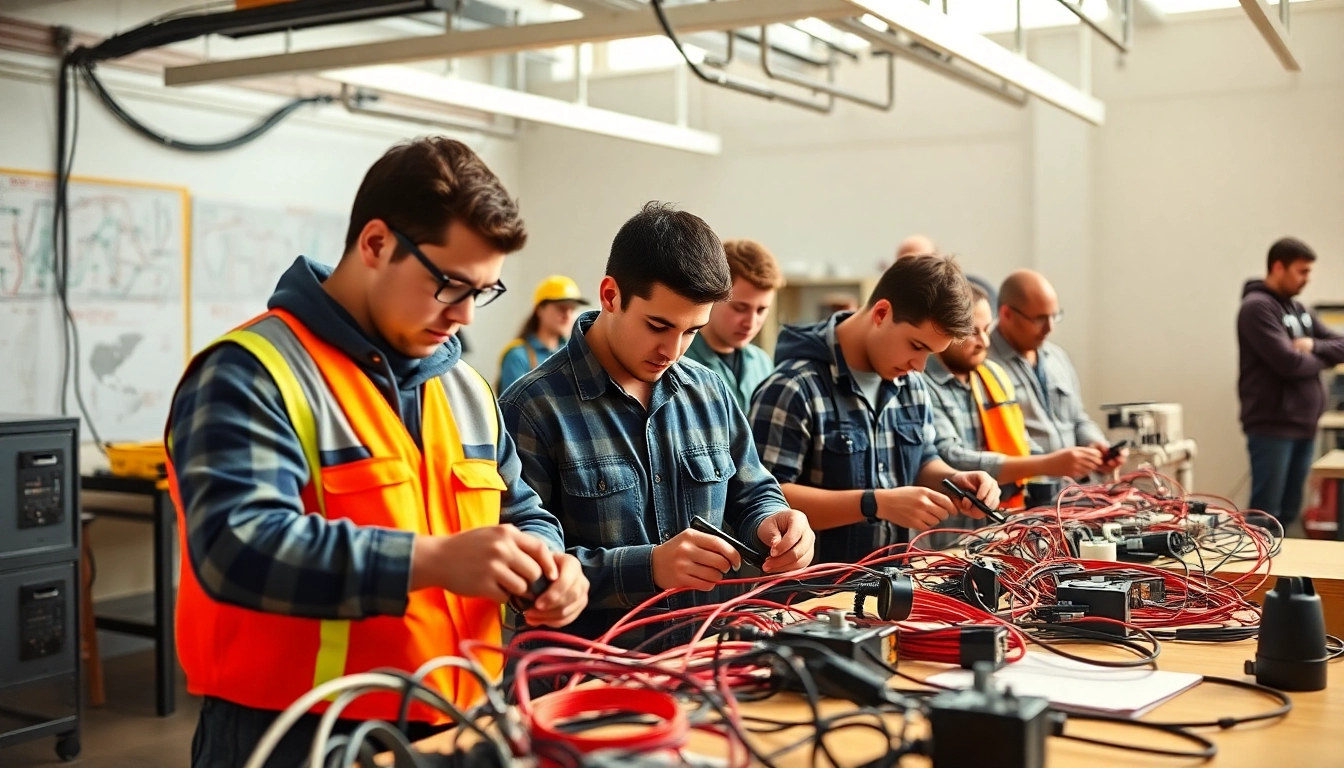 Students at an electrician trade school Colorado engaged in hands-on training with electrical tools.