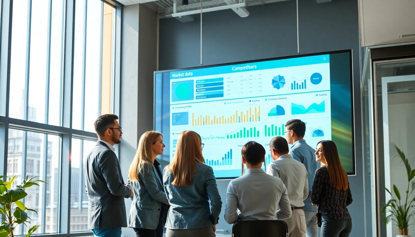 Analyze competitive intelligence strategies with a diverse team collaborating in a modern workspace.