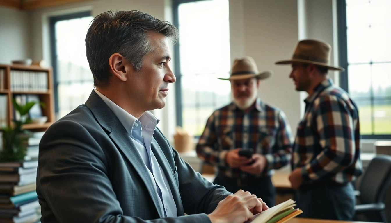 Engaging agricultural law attorney consulting a farmer in a professional setting.