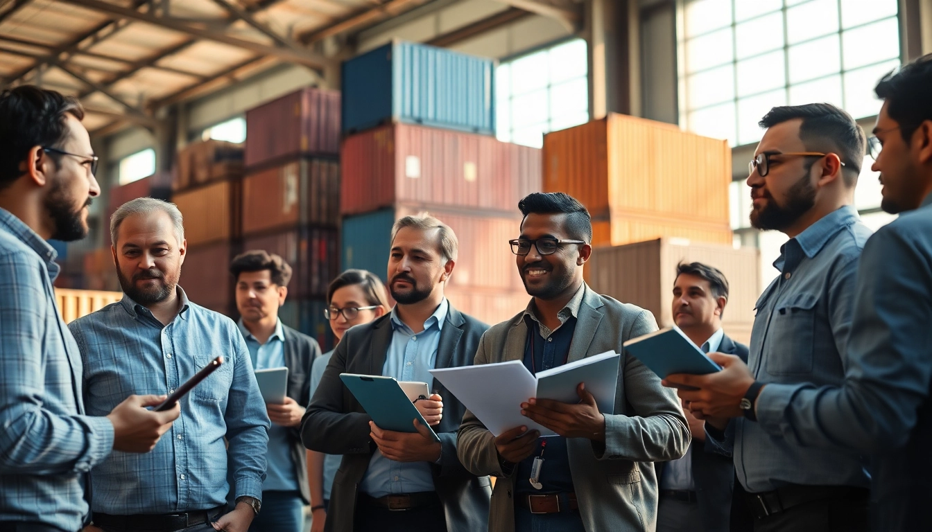 Importers collaborating in a warehouse setting, showcasing trade efficiency and diverse workforce.