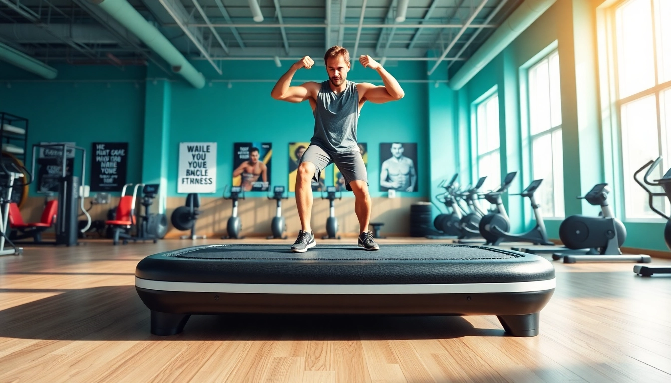 Experience whole body vibration therapy with a fitness instructor on a modern platform in a bright gym.