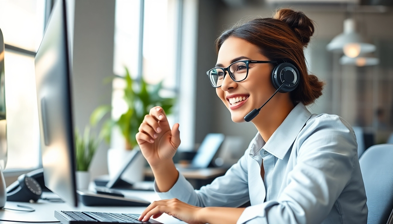 Engaging customer service professional handling phone answering calls with a smile in a modern office.