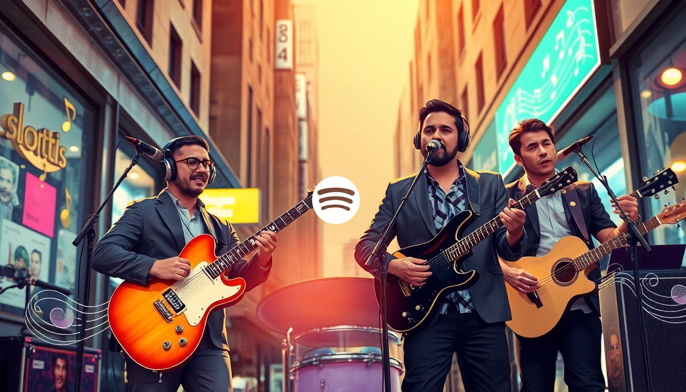 Engaging musicians promoting their tracks through Spotify promotion with vibrant colors and urban backdrop.