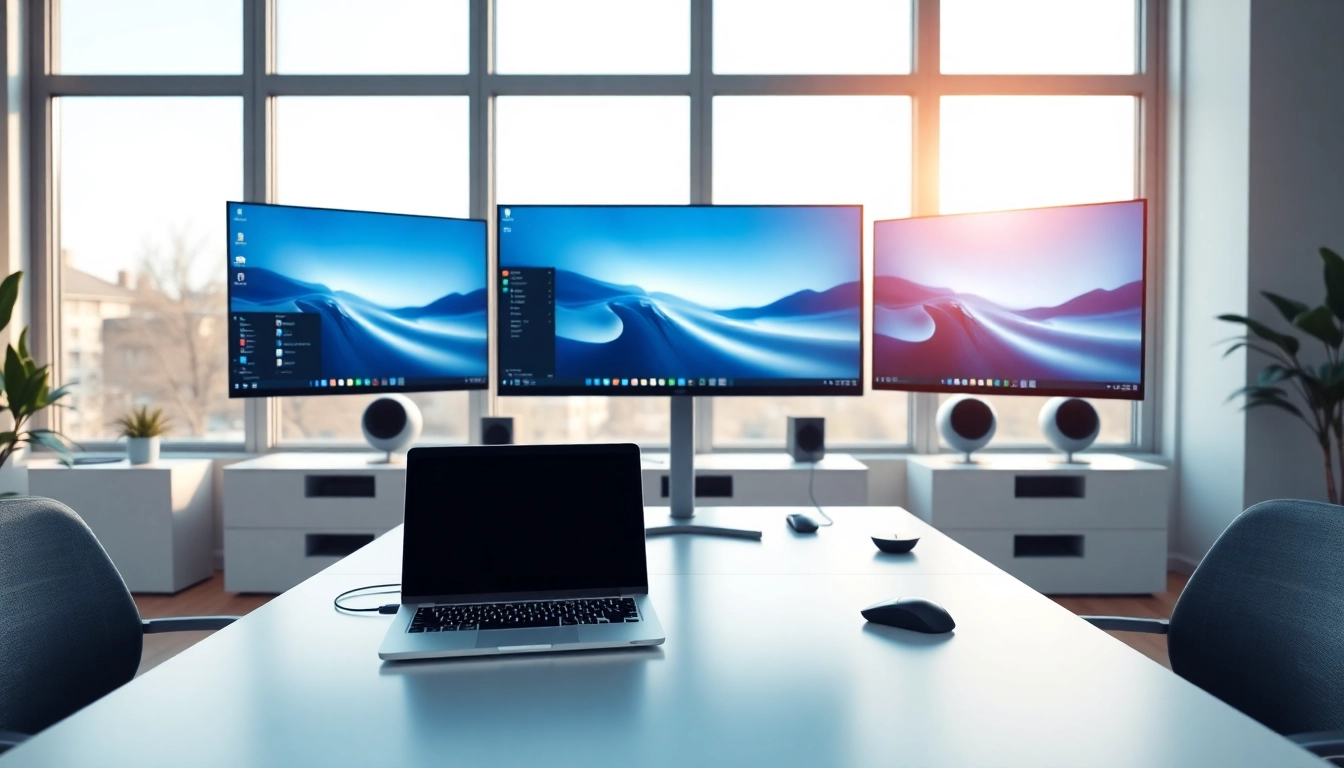 Using a virtual desktop in a modern workspace, showcasing multiple screens and a productive atmosphere.