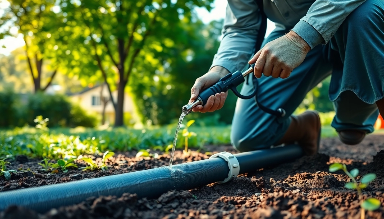 Technician performing termite reticulation system refills in a garden, demonstrating expert pest control.