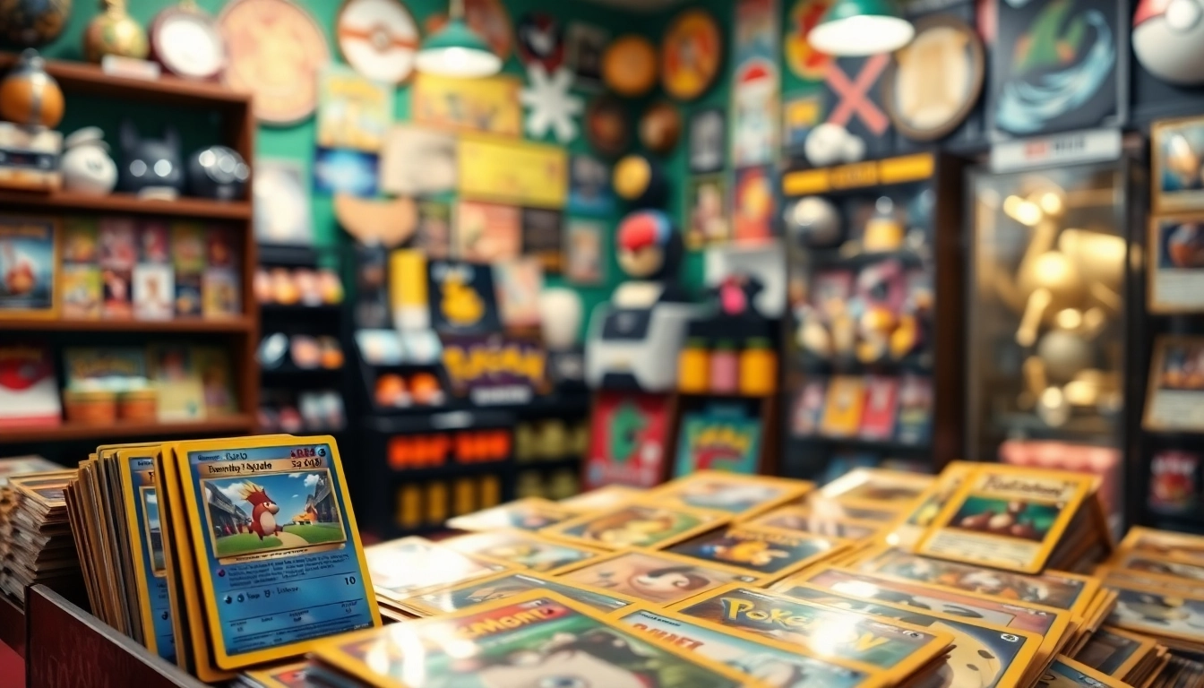 Showcase a collection of Pokémon cards India in a vibrant gaming shop display, capturing their vibrant colors and details.