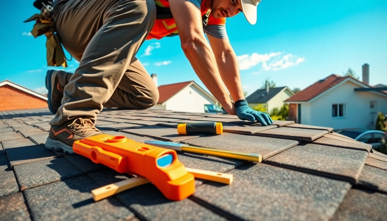 Skilled dakdekker heveadorp repairing a residential roof with tools and materials.