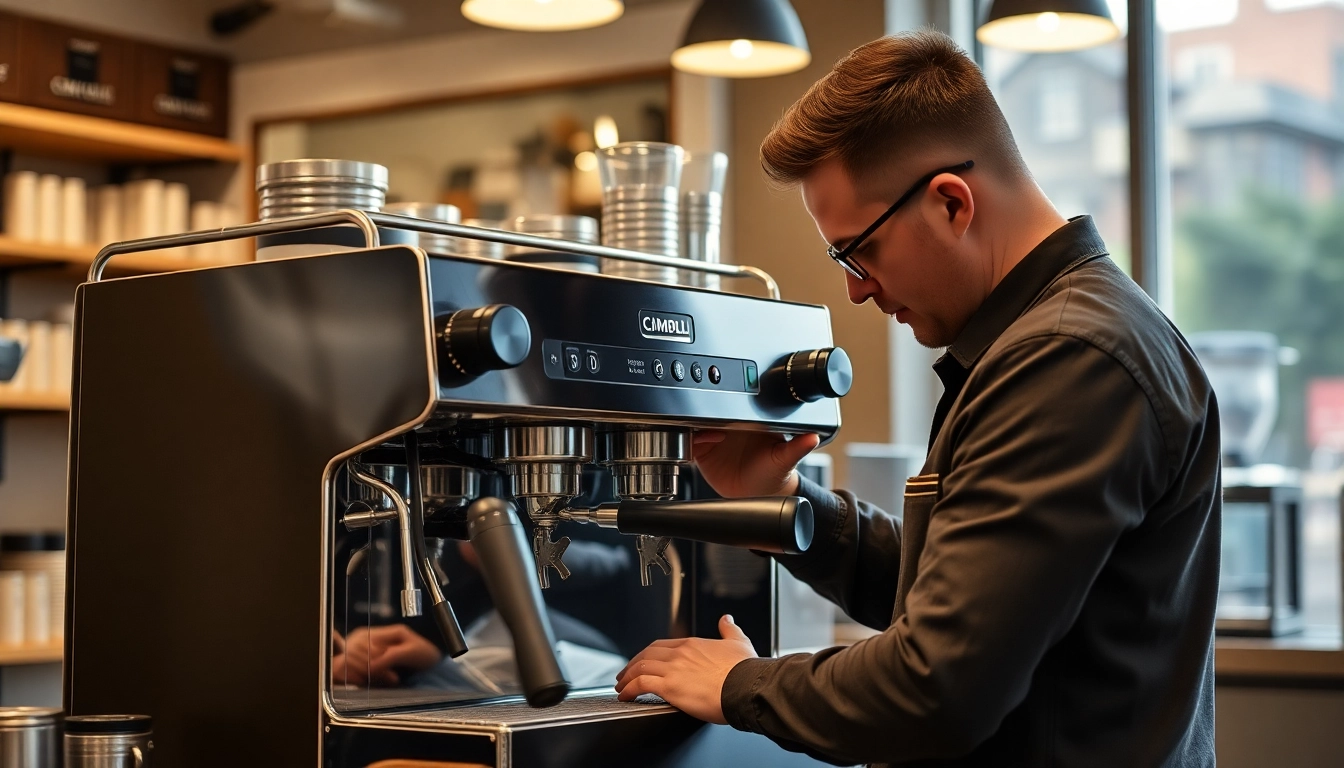 Technician performing Cimbali tamiri on an espresso machine, showcasing professional service.
