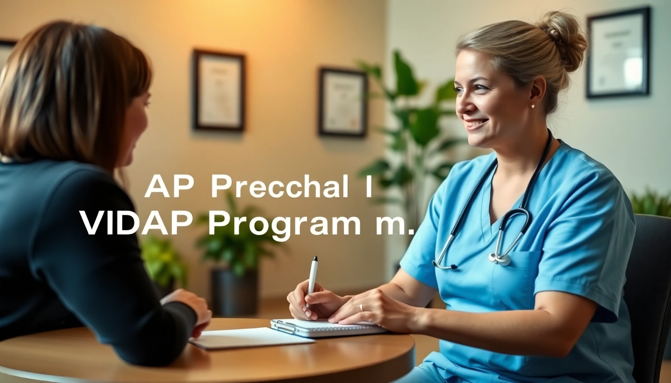 Supportive session between a nurse and counselor about the VDAP Program in Alabama, showcasing collaboration.
