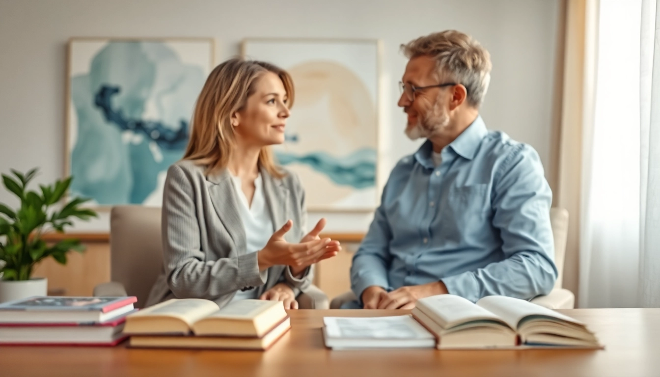 Attachment theory coach assisting a client in a calm office space, fostering healthy emotional connections.