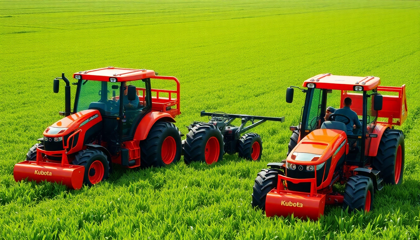 Kuboata Traktoren in einem grünen Feld, das Produktivität und Innovation zeigt.