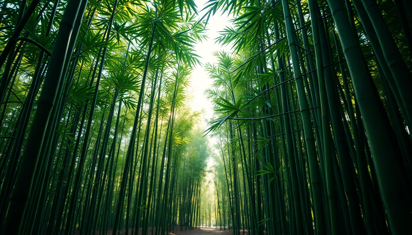 Bamboo forest showcasing vibrant green stalks bathed in soft sunlight.
