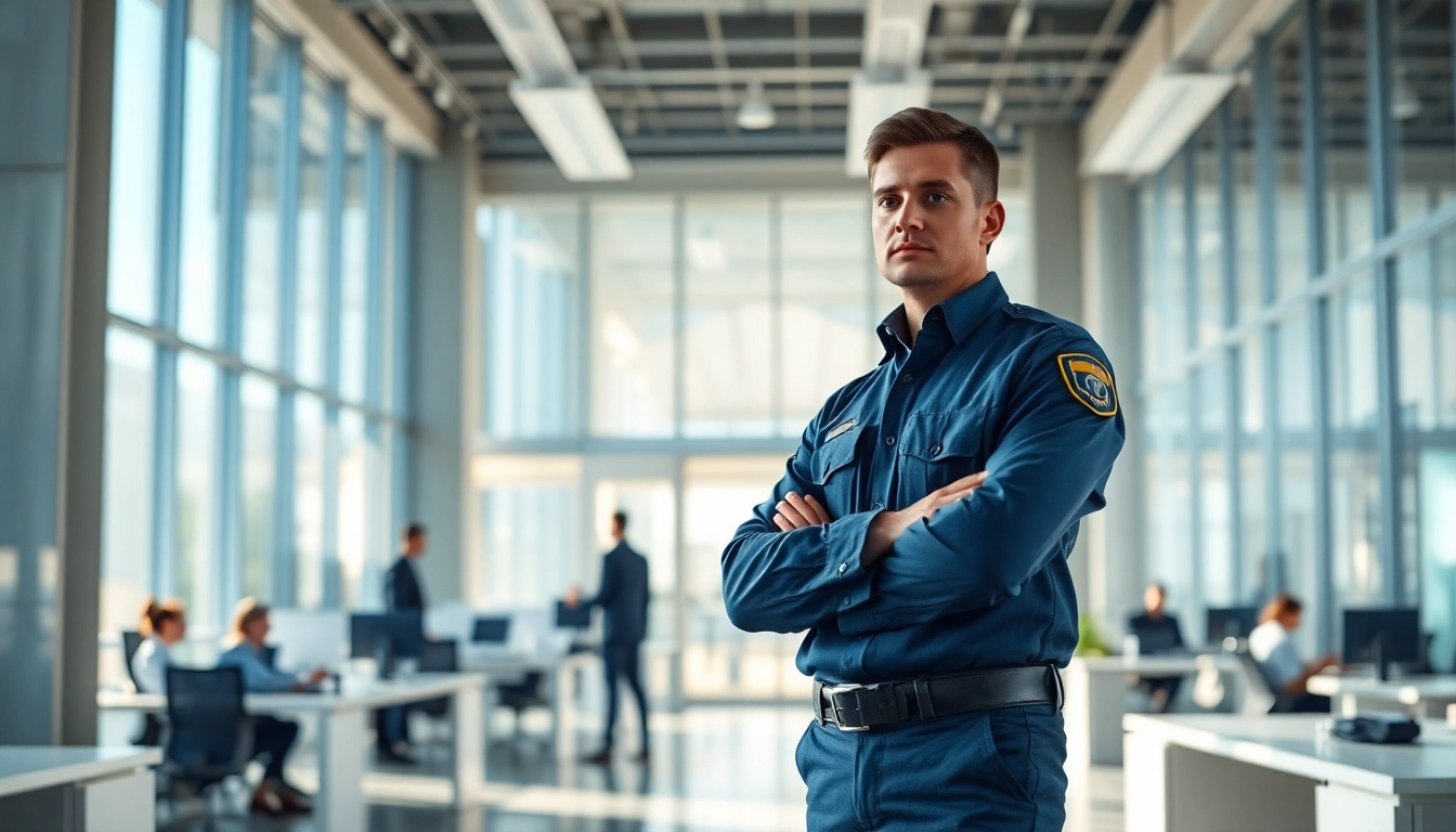 Professional security services offered by a vigilant guard in a corporate office.
