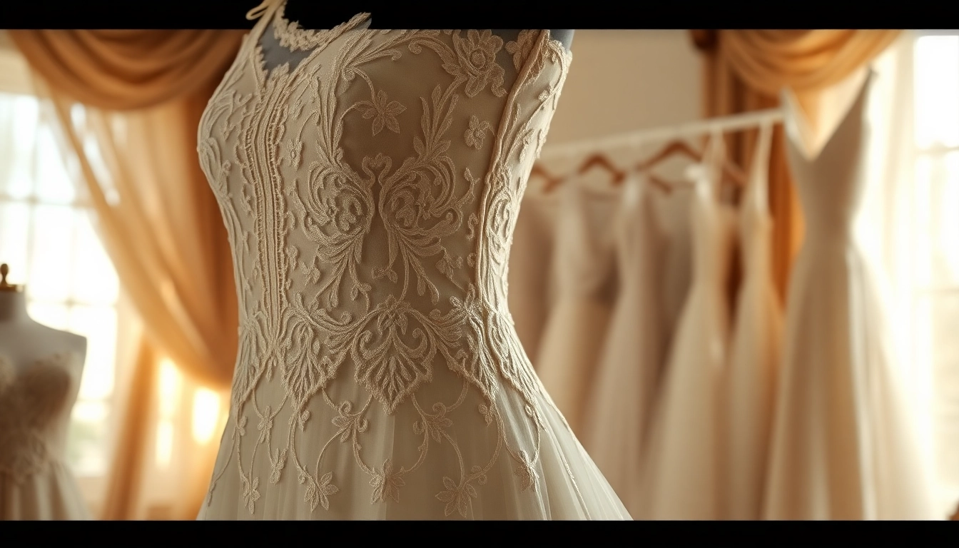 Admire Lace Wedding Dresses showcasing delicate floral details and scalloped edges in an elegant boutique.
