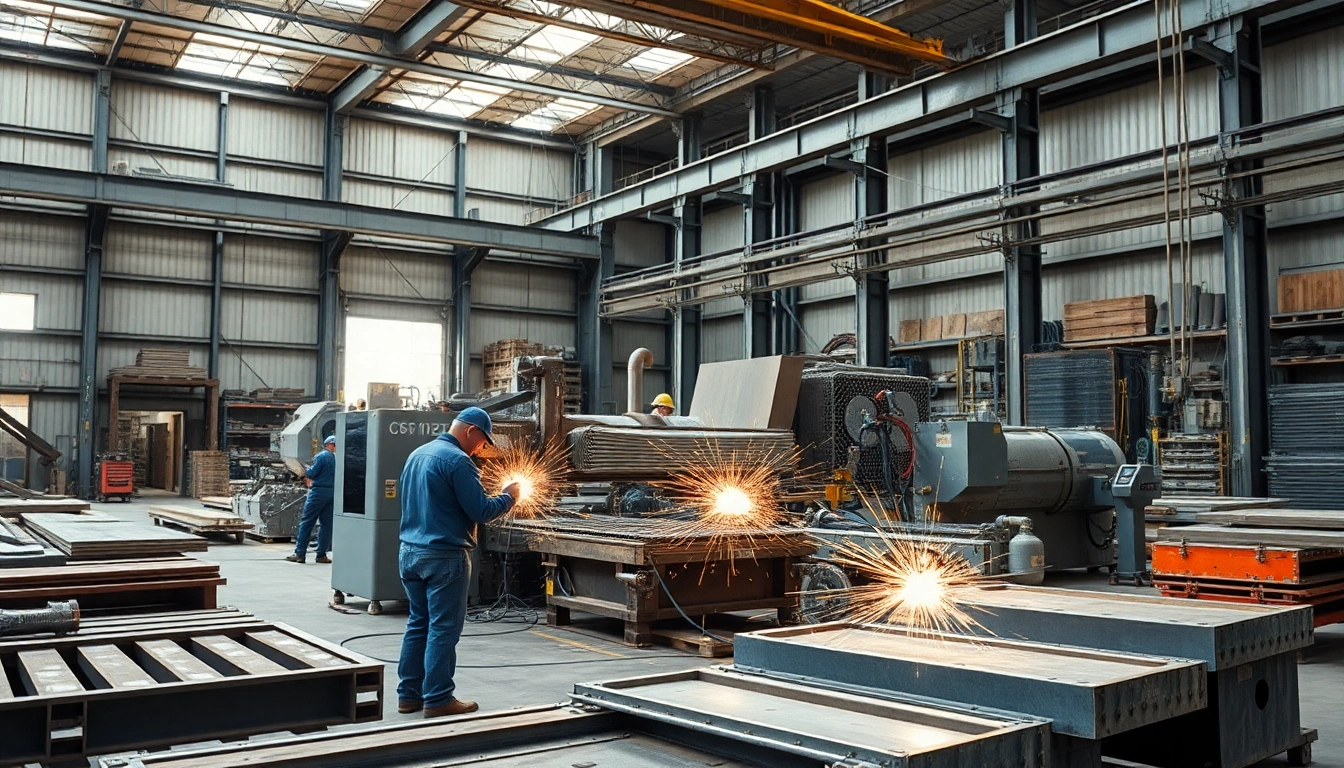 Workers conducting structural steel fabrication in a busy industrial setting using modern tools.