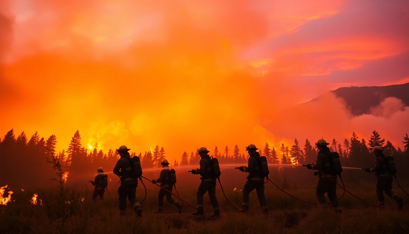 Firefighters addressing wildfire events with courage in a dramatic sunset backdrop.