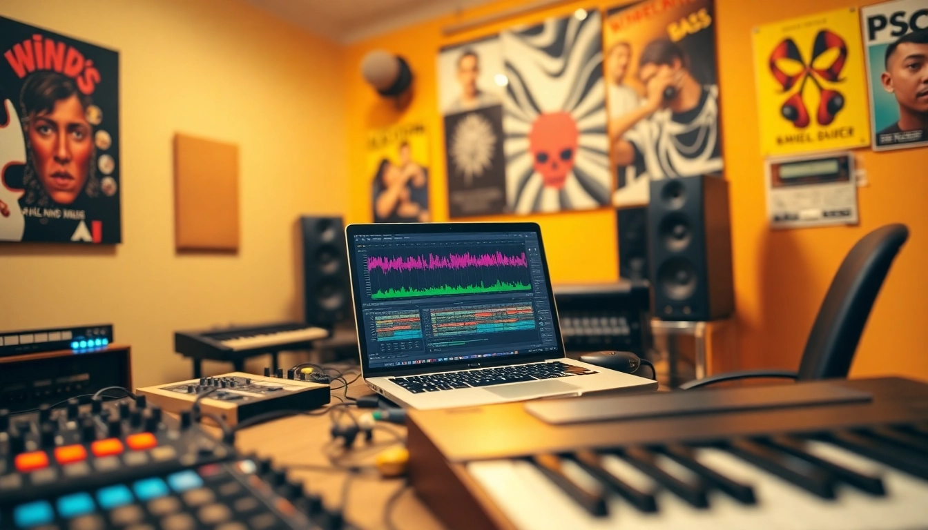 Create unique sounds with Drum and Bass presets in a vibrant music studio setting.