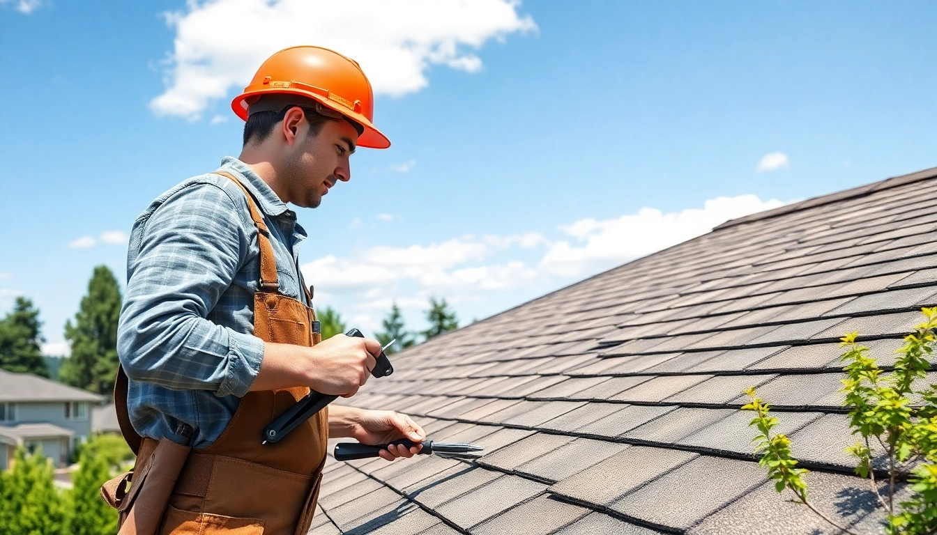 Roof repair Vancouver Wa with a professional contractor inspecting a residential roof in a suburban setting.