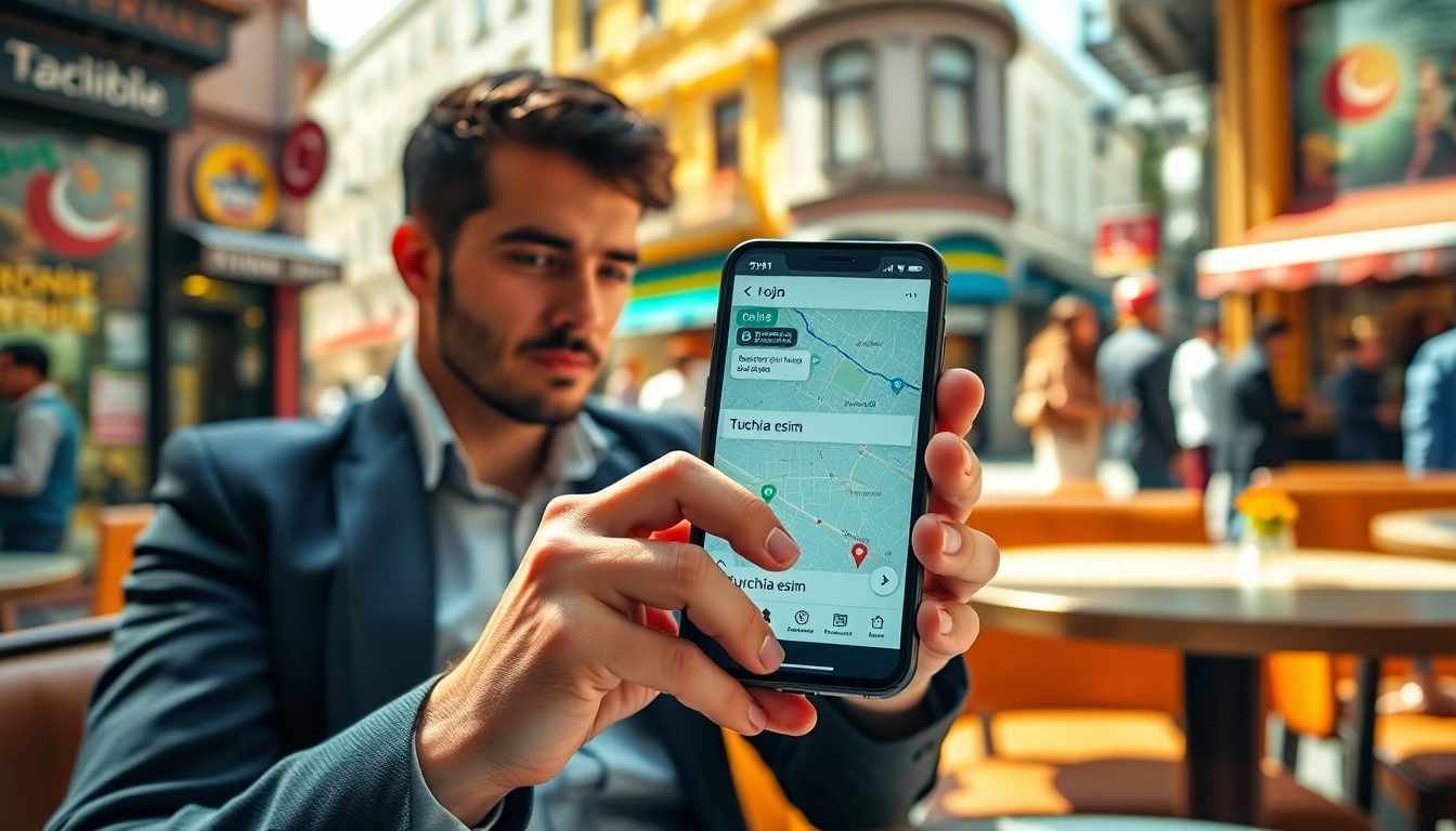 Scopri turchia esim con un viaggiatore che utilizza uno smartphone in un caffè a Istanbul.