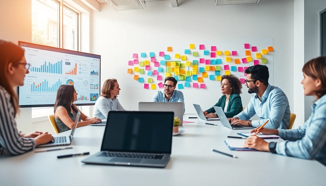 Engaged team of seo and web design companies brainstorming in a bright design studio.