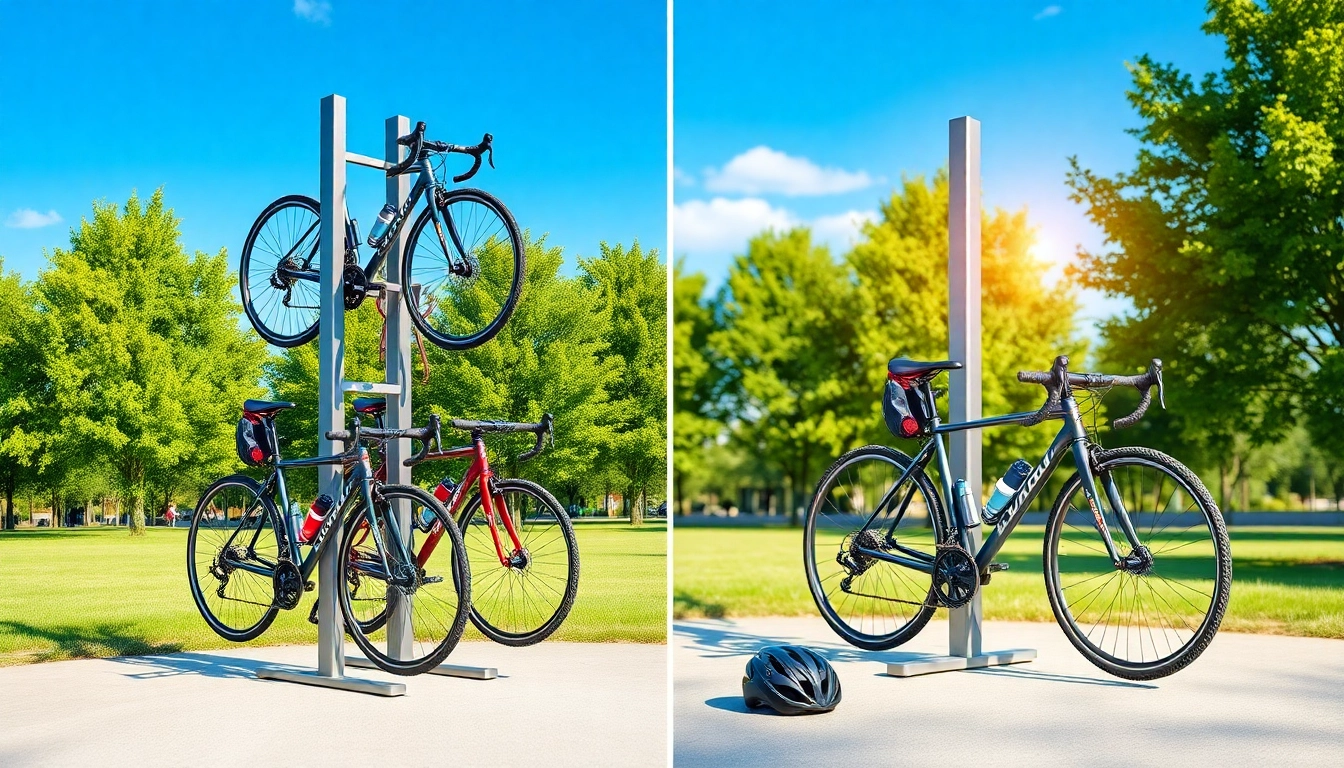 Secure your Vertical bike rack showcasing multiple bicycles in a scenic outdoor location.