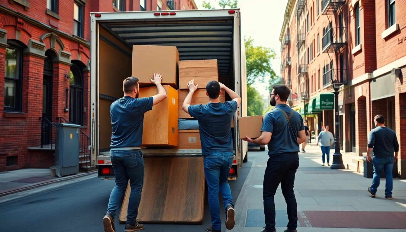 Brooklyn movers efficiently loading furniture into a truck amidst charming brownstones.