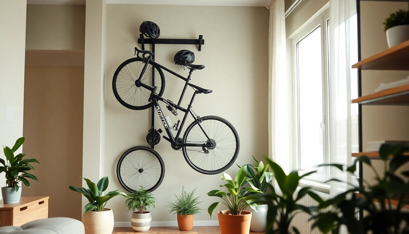 Showcasing a stylish apartment bike storage solution with a vertical rack and organized cycling accessories.