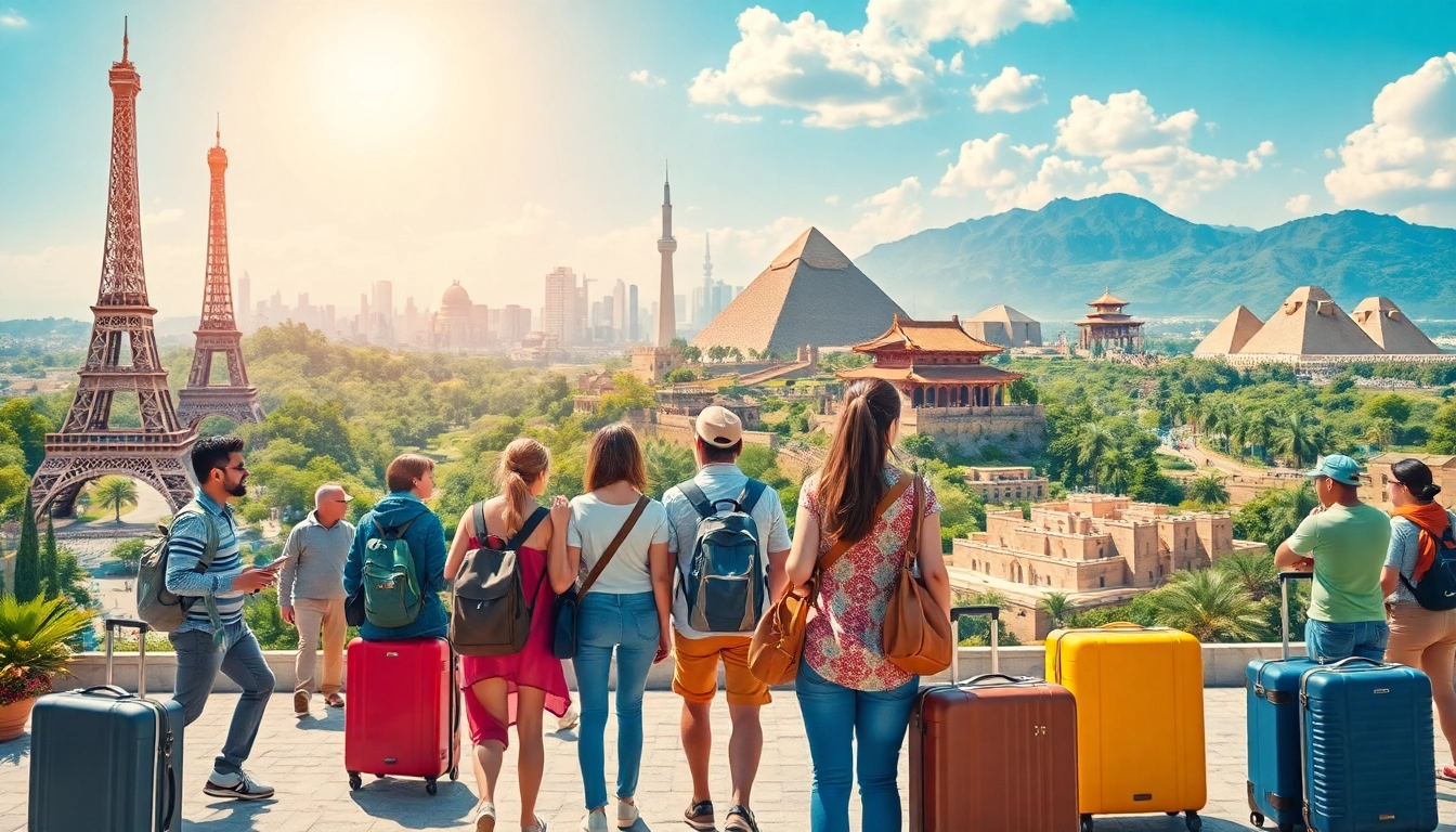 Travelers exploring diverse destinations like Paris, Egypt, and China in a vibrant scene.