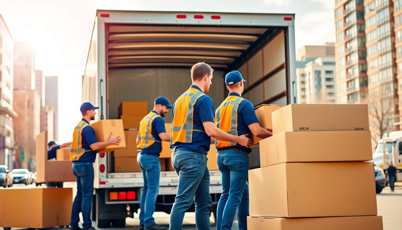 Movers Calgary team packing and loading a moving truck in Calgary's vibrant urban setting.