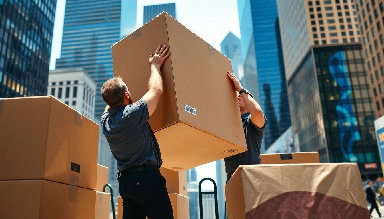 Efficient Cheap movers nyc lifting boxes in an energetic New York City setting.