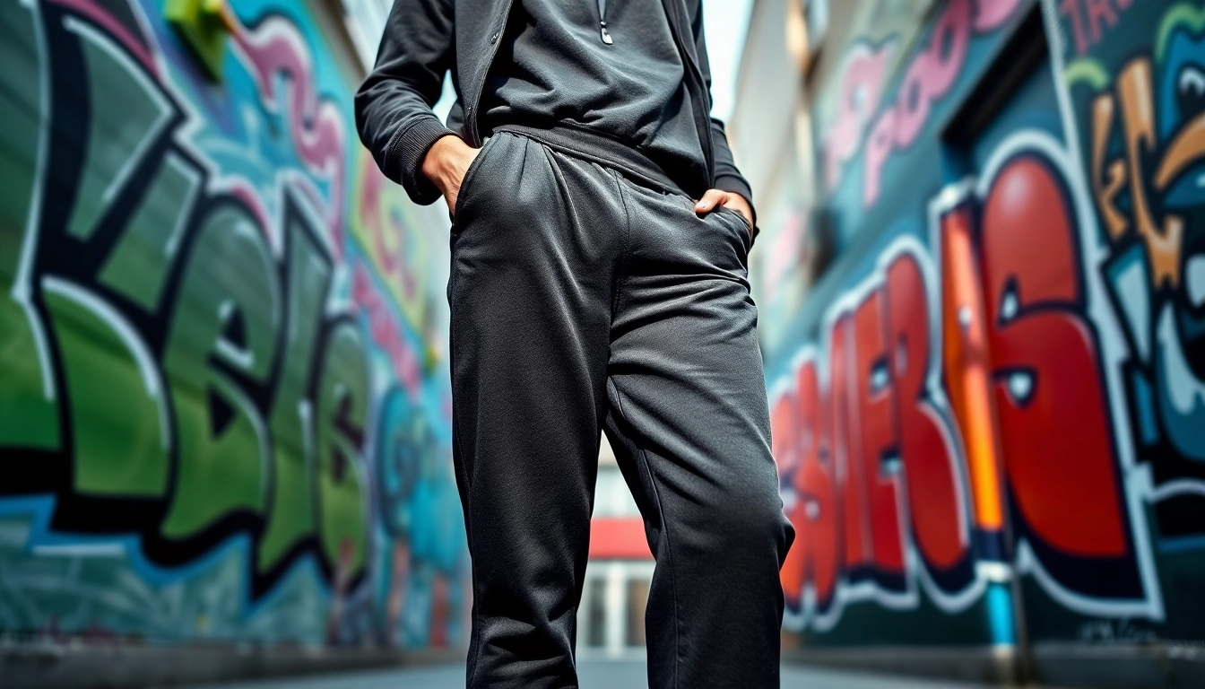 Model showcasing comfortable black sweatpants in an urban setting with vibrant graffiti.